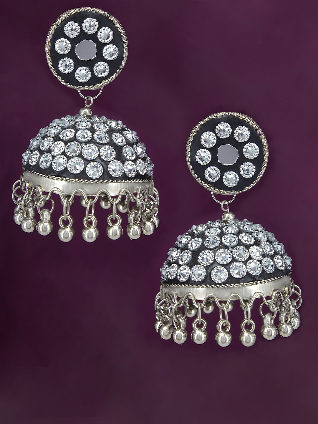 

PRIVIU Stone-Studded Dome Shaped Oxidised Jhumkas, Black