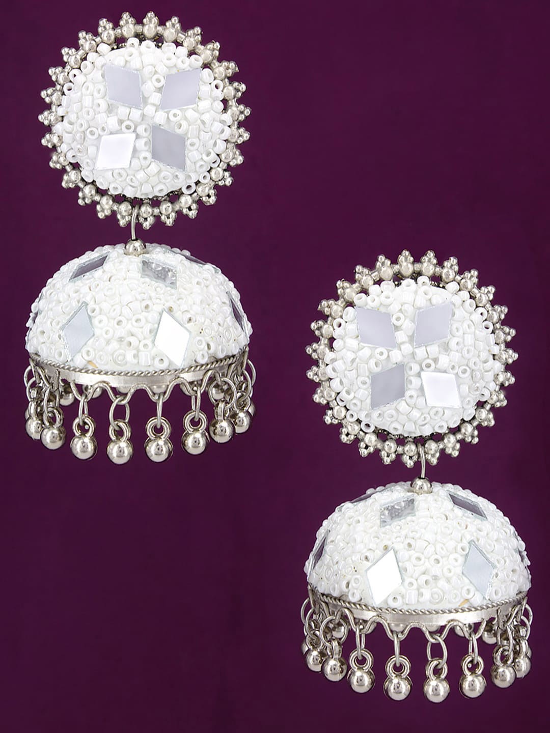 

PRIVIU Beaded Dome Shaped Oxidised Jhumkas, White