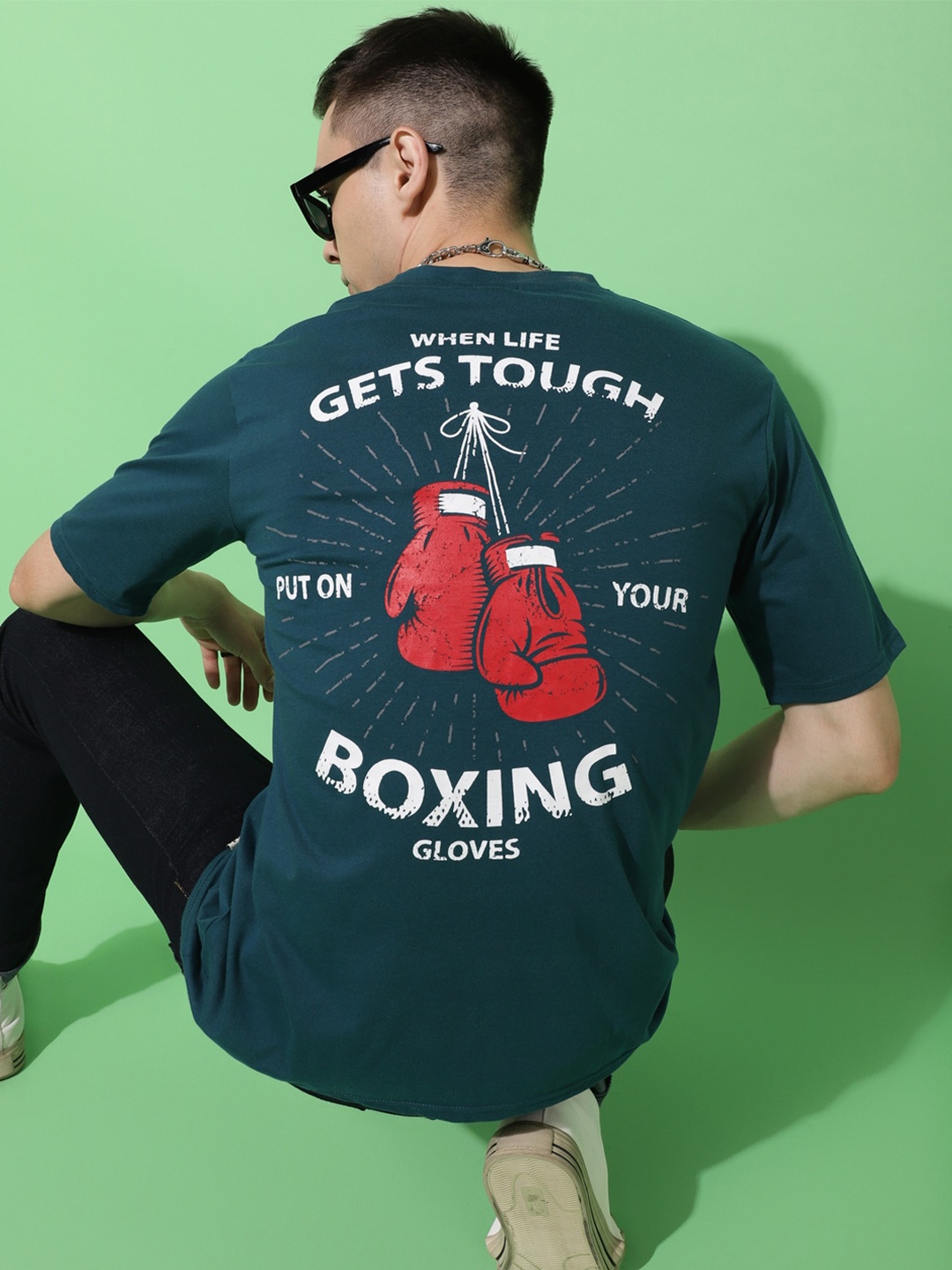 

Bukkl Typography Printed Round Neck Extended Sleeves Oversized Cotton T-shirt, Teal