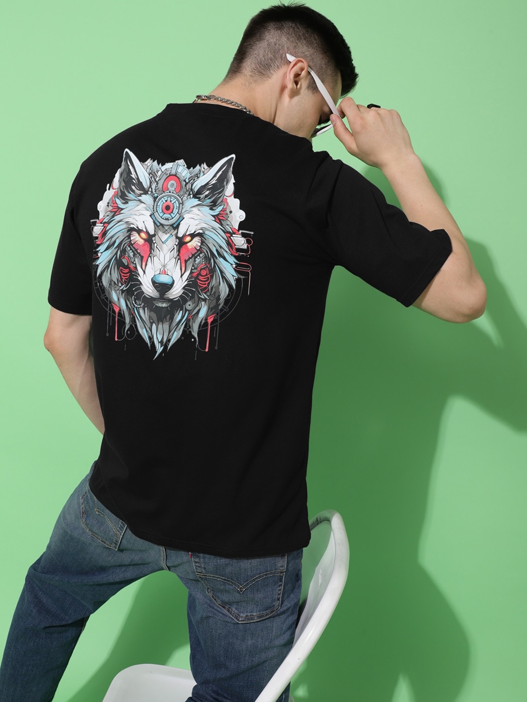 

Bukkl Graphic Printed Round Neck Short Sleeves Oversized Cotton T-shirt, Black