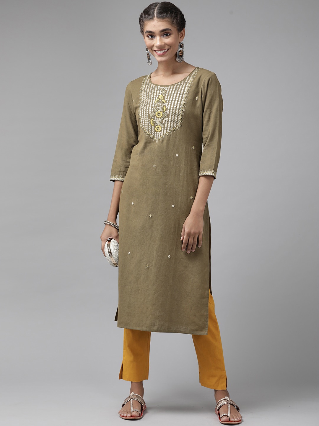 

KALINI Geometric Yoke Design Three-Quarter Sleeves Mirror Work Cotton Flex Kurta, Grey