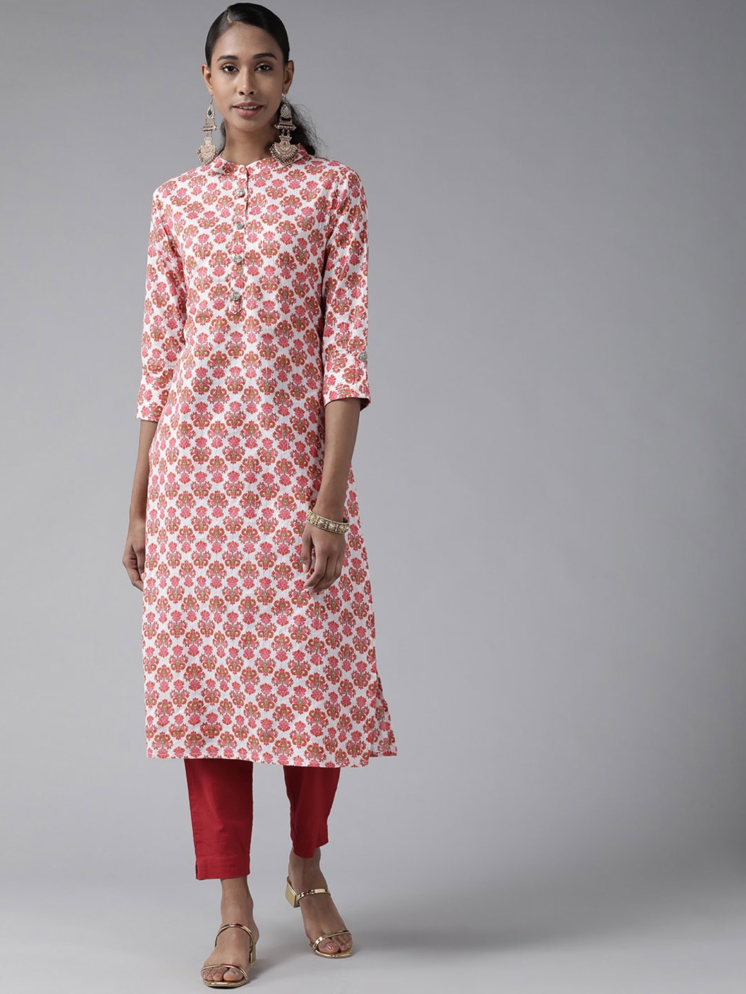 

KALINI Ethnic Motifs Printed Mandarin Collar Pure Cotton Straight Kurta, Pink
