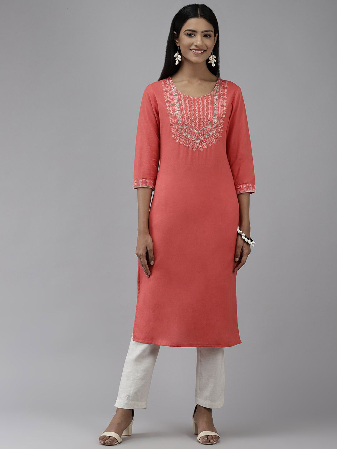 

KALINI Yoke Design Thread Work Straight Cotton Kurta, Orange