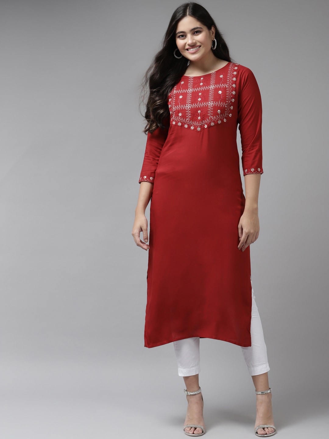 

KALINI Floral Embroidered Three-Quarter Sleeves Sequinned Straight Kurta, Red