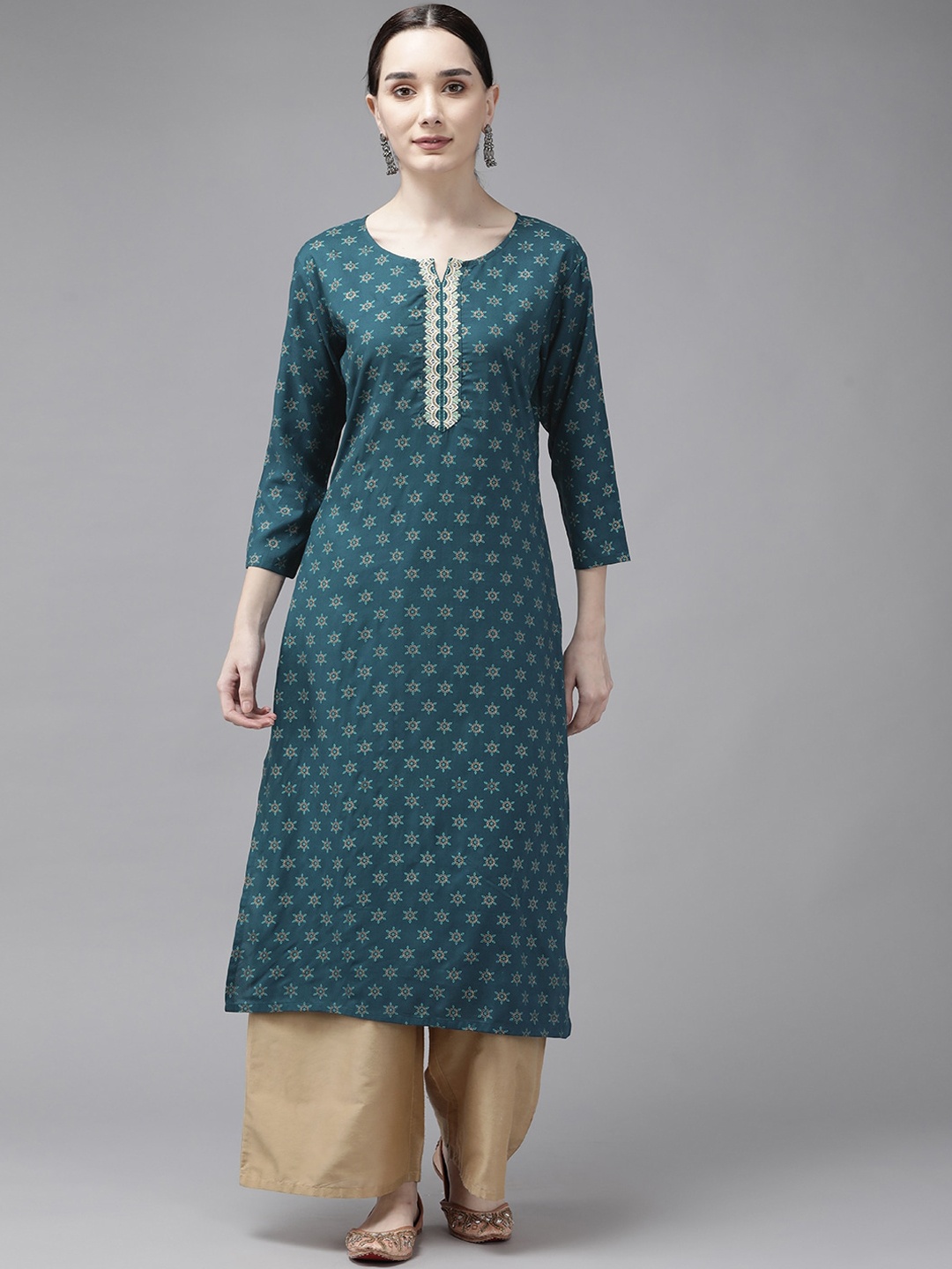 

KALINI Floral Printed Three-Quarter Sleeves Straight Kurta, Teal