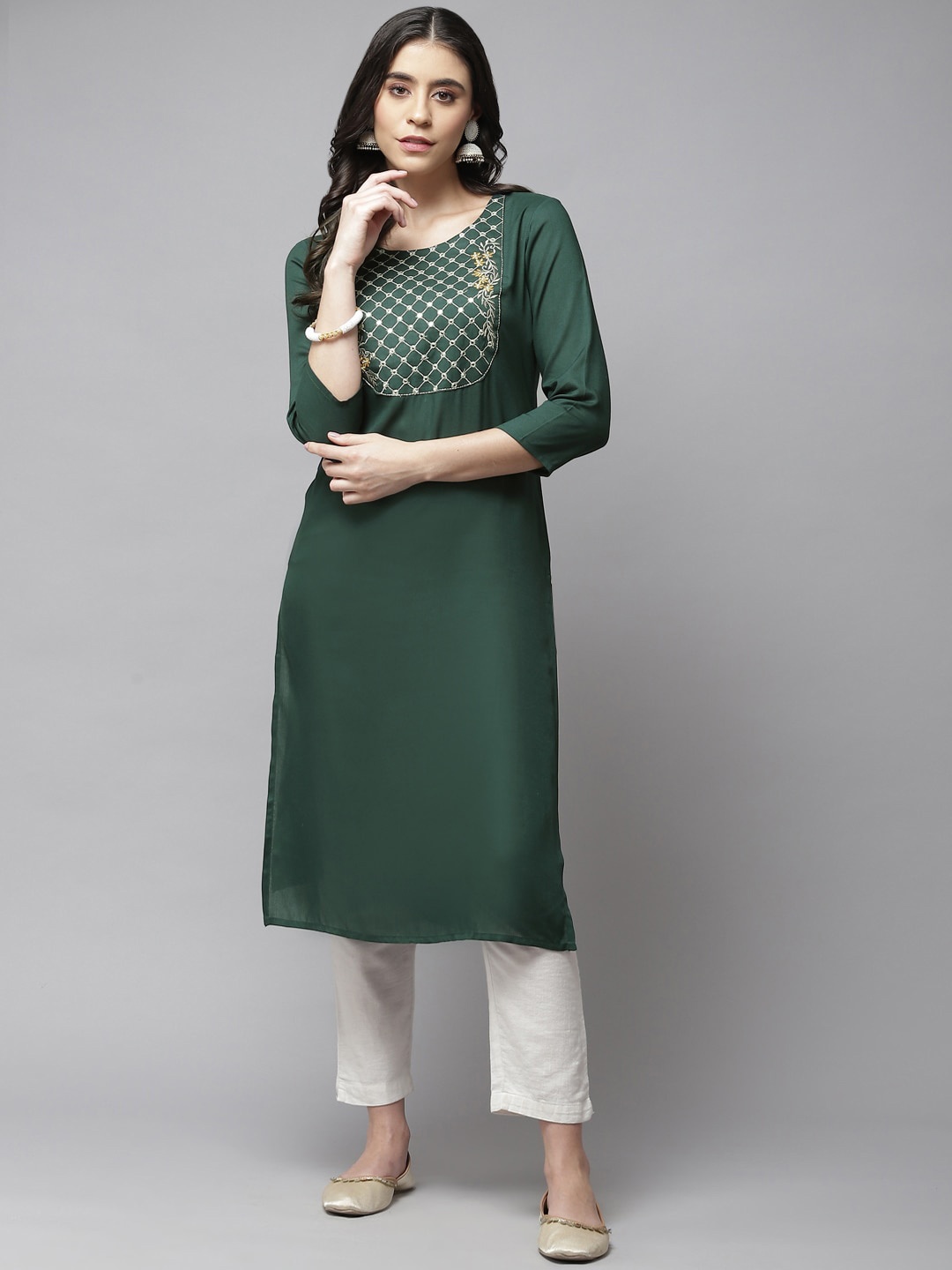 

KALINI Yoke Design Thread Work Straight Kurta, Green