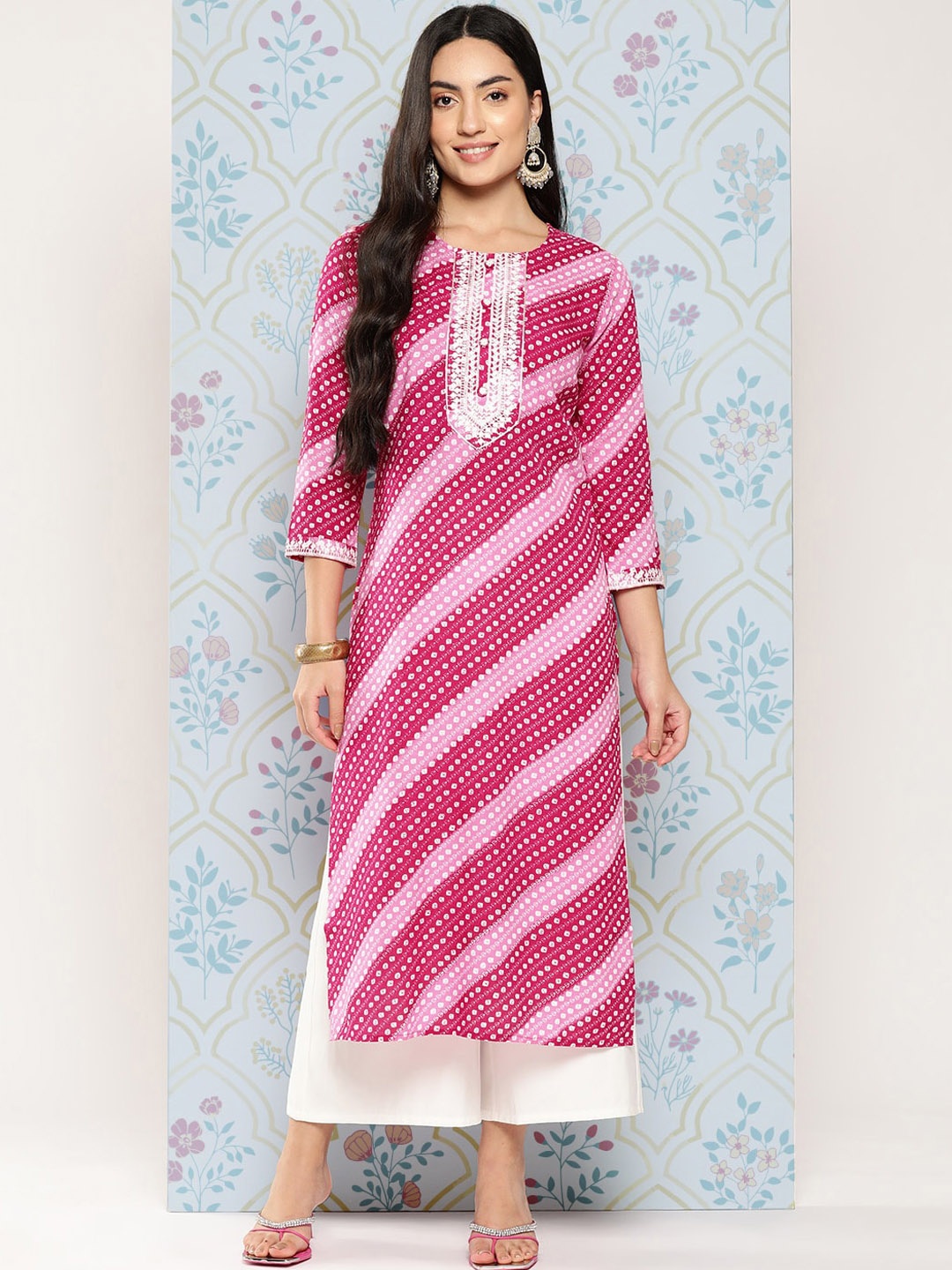 

KALINI Striped Thread Work Striaght Kurta, Pink