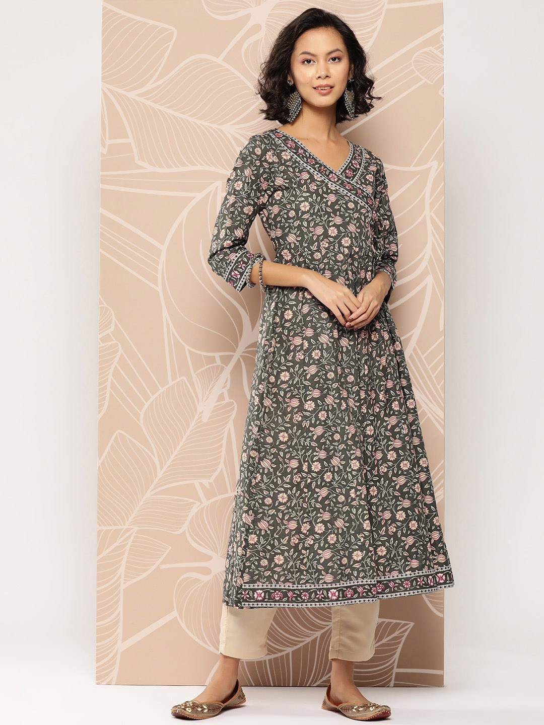 

KALINI Floral Printed V-Neck Angrakha A-Line Cotton Kurta, Green