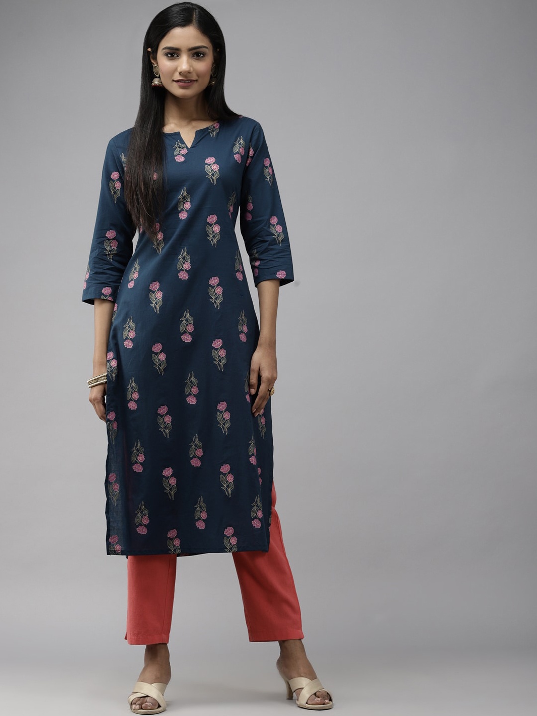 

KALINI Floral Printed Three-Quarter Sleeves Cotton Straight Kurta, Navy blue