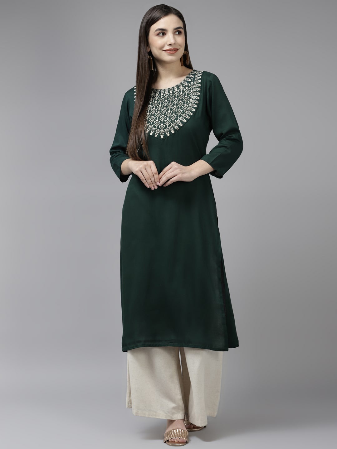 

KALINI Floral Embroidered Mirror Work Straight Kurta, Green