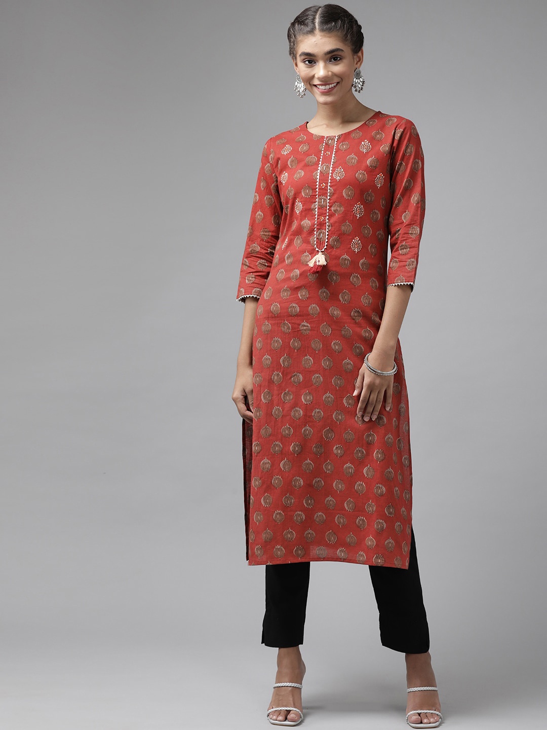 

KALINI Ethnic Motifs Printed Gotta Patti Pure Cotton Straight Kurta, Red