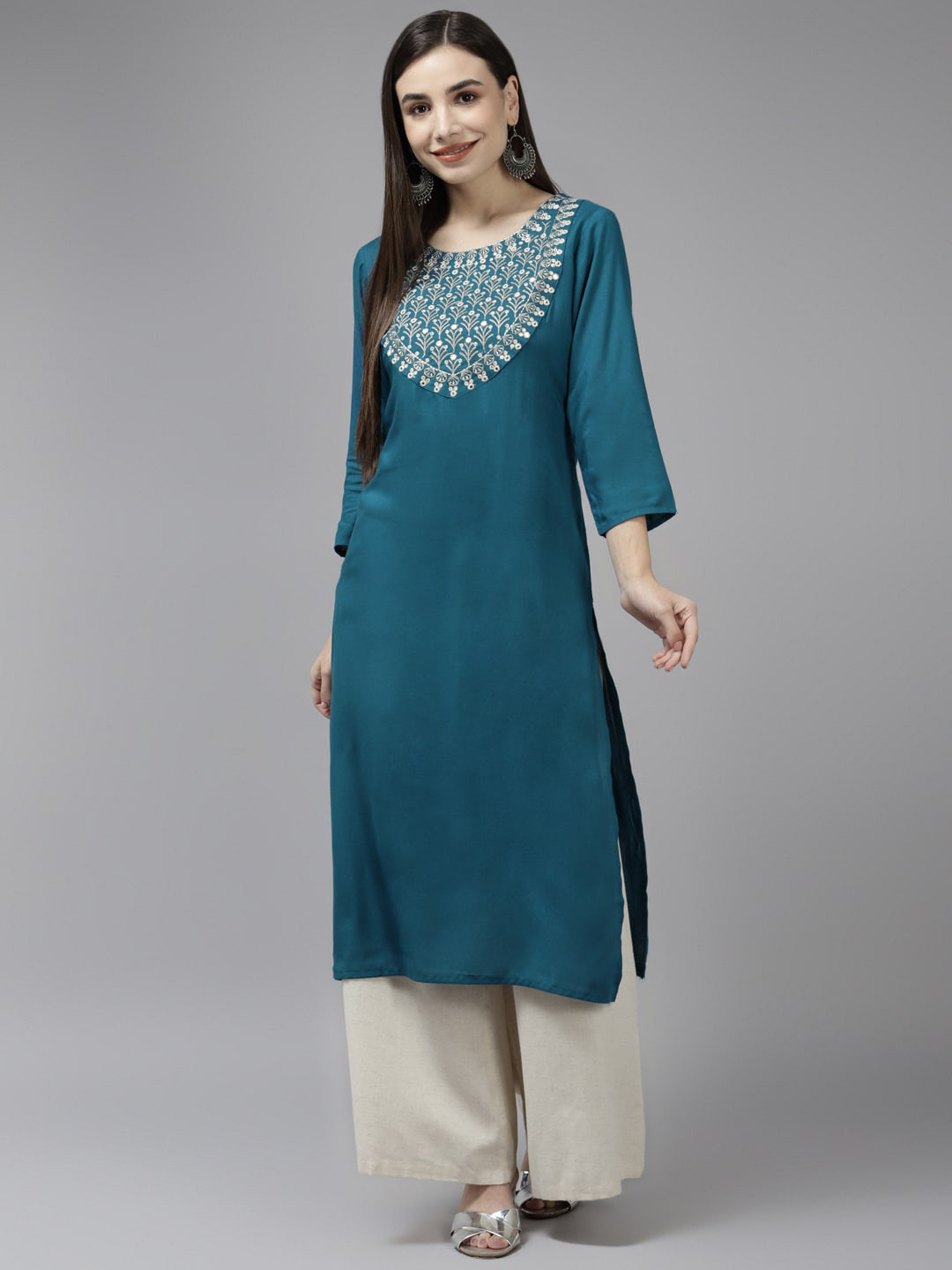 

KALINI Yoke Design Thread Work Straight Kurta, Teal