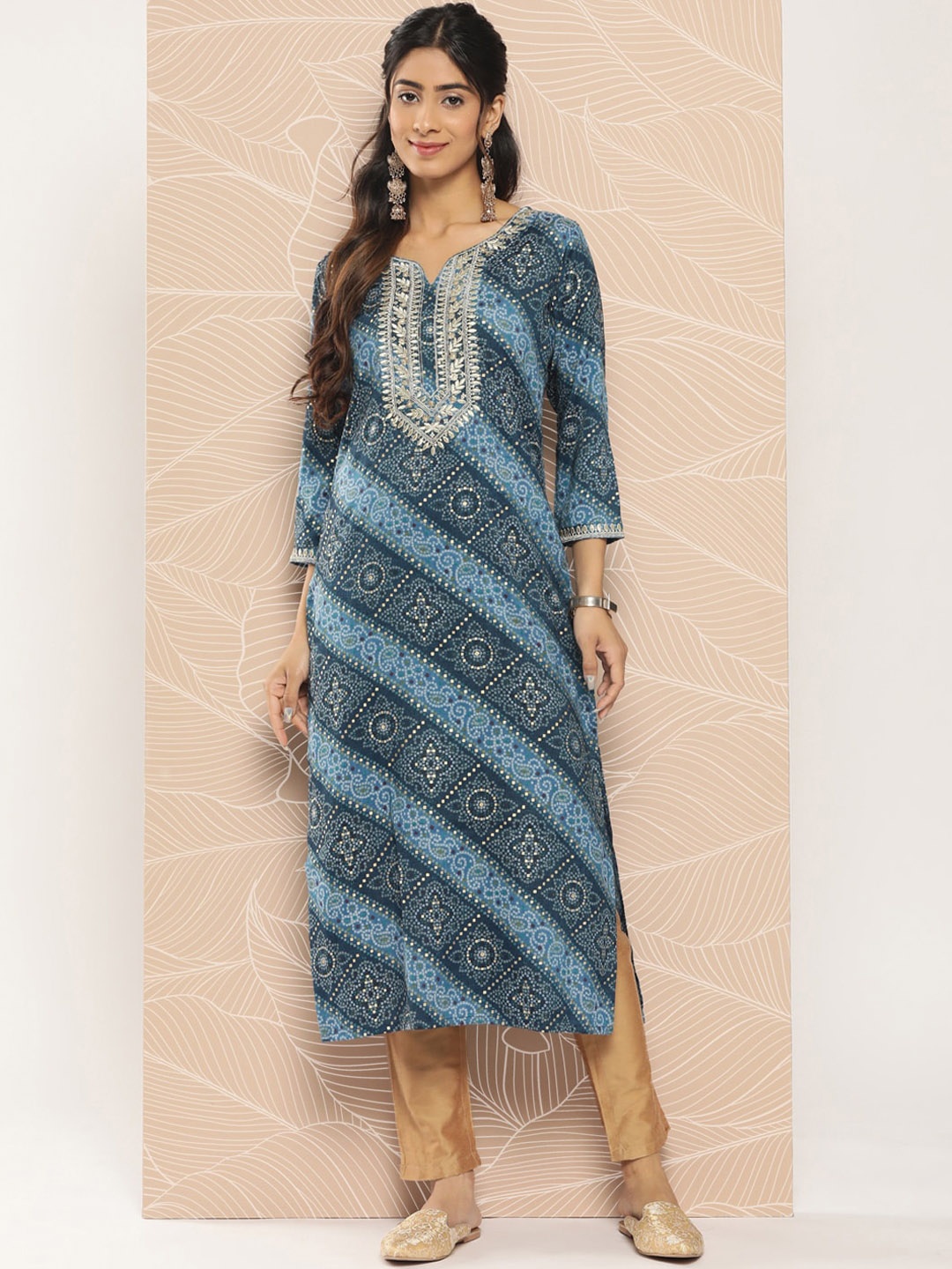 

KALINI Bandhani Printed Thread Work Pure Cotton Straight Kurta, Blue