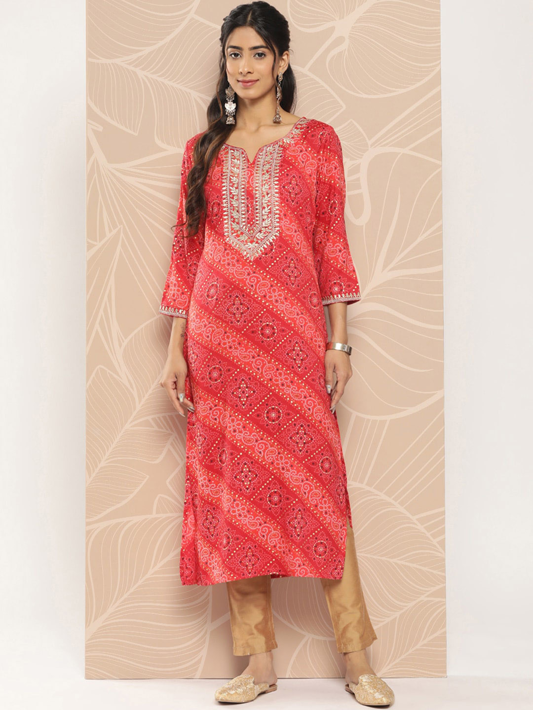 

KALINI Bandhani Printed Thread Work Pure Cotton Straight Kurta, Red