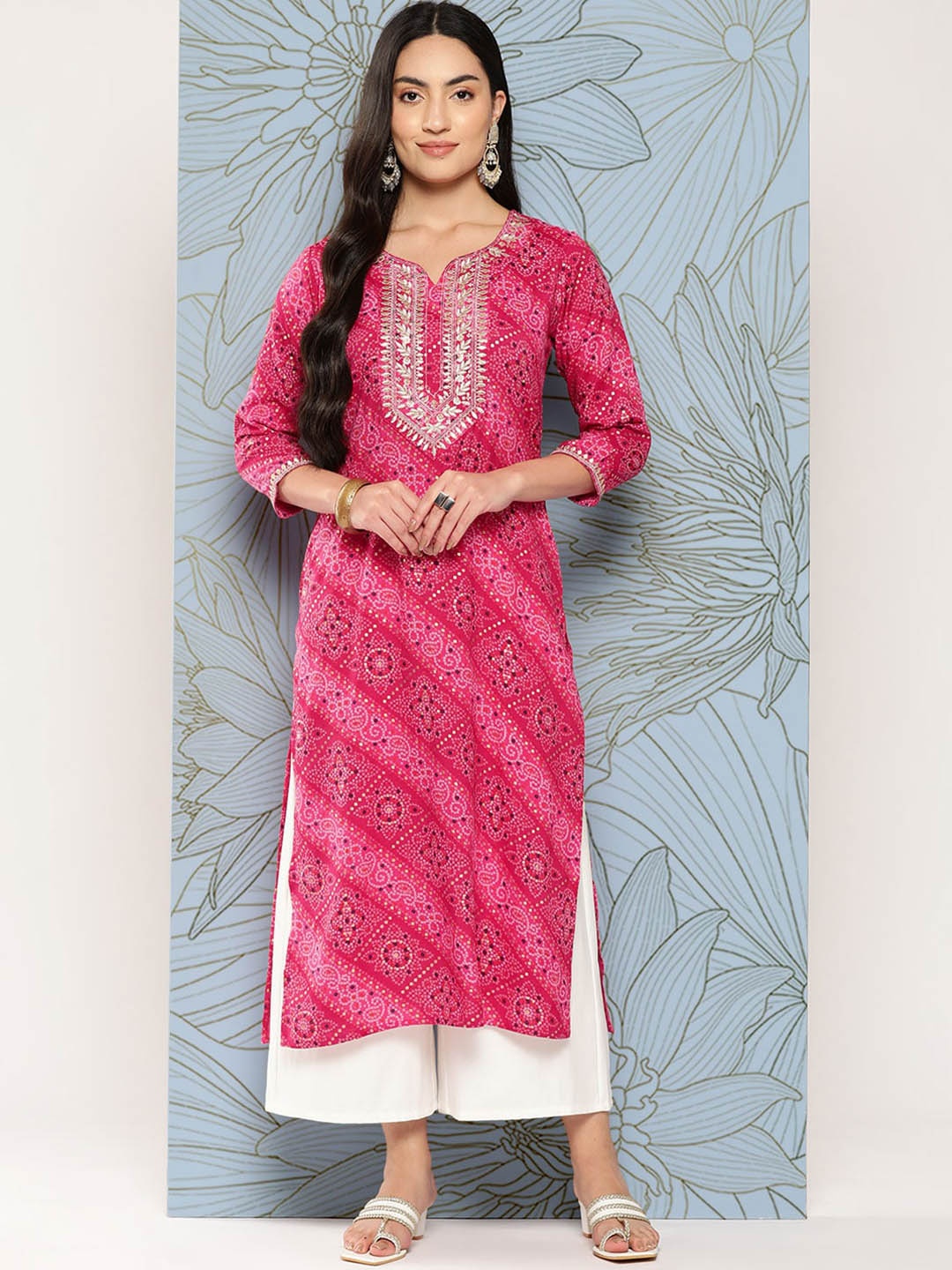 

KALINI Bandhani Printed Thread Work Pure Cotton Straight Kurta, Pink