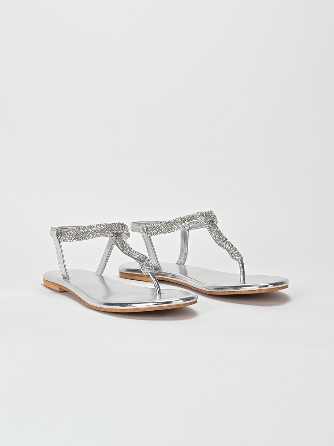 

SCENTRA Embellished Open Toe T-Strap Flats, Silver