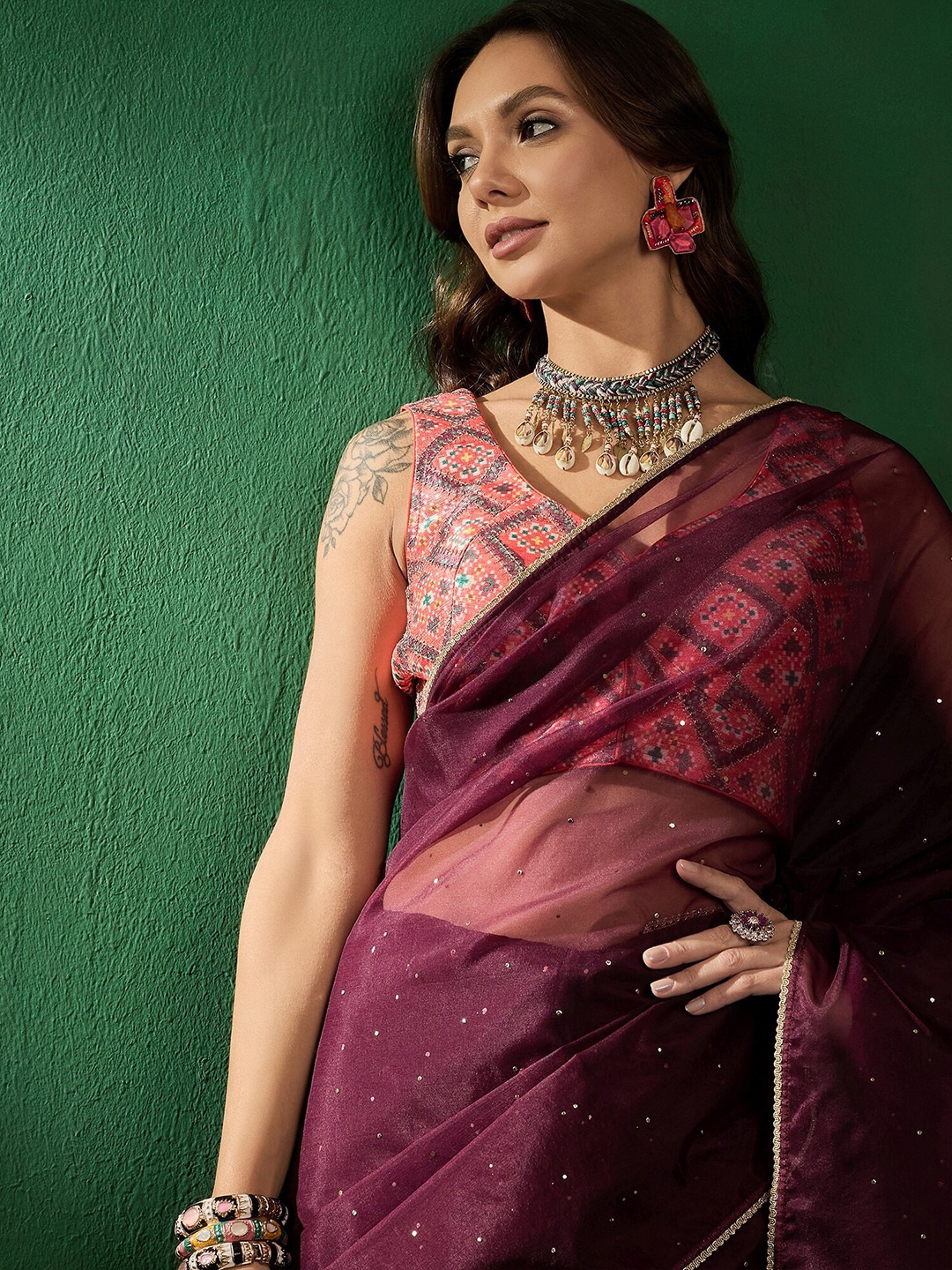 

Sangria Women Embellished Saree with Ethnic Print Blouse Piece, Maroon