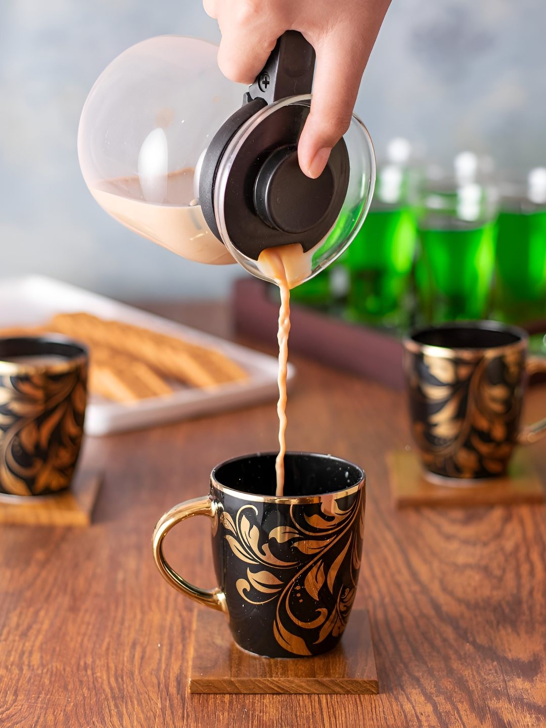 

E-Ezra Black & Gold-Toned 6 Pieces Printed Bone China Glossy Mugs 160 ml
