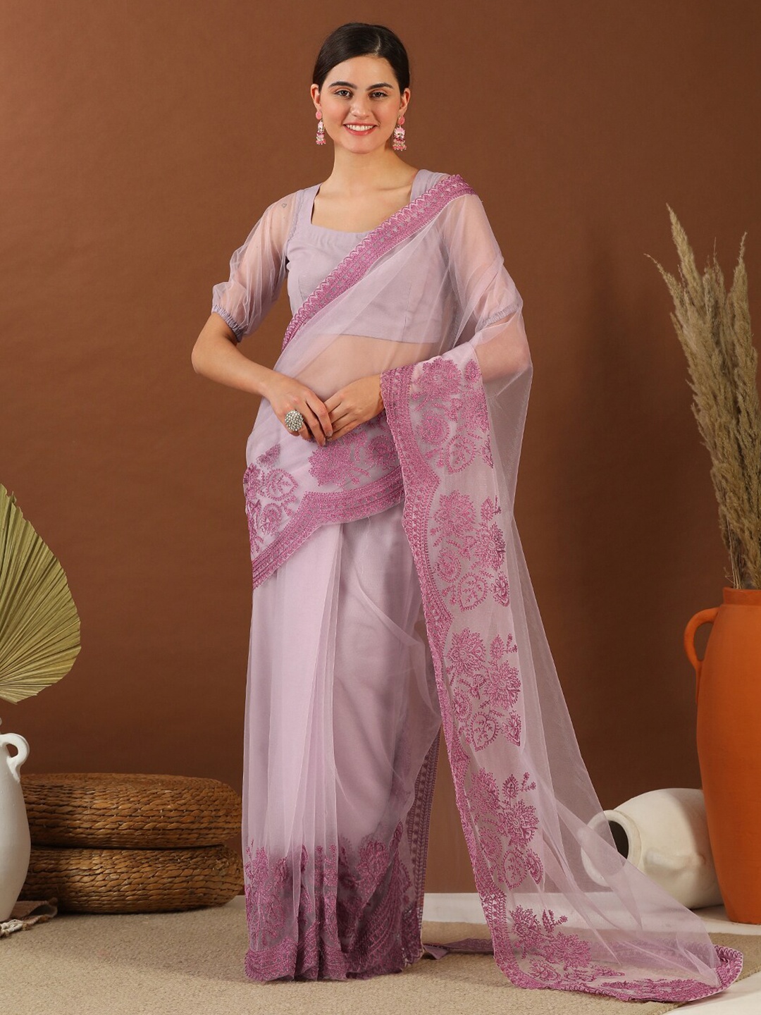 

Inddus Floral Embroidered Net Saree, Lavender