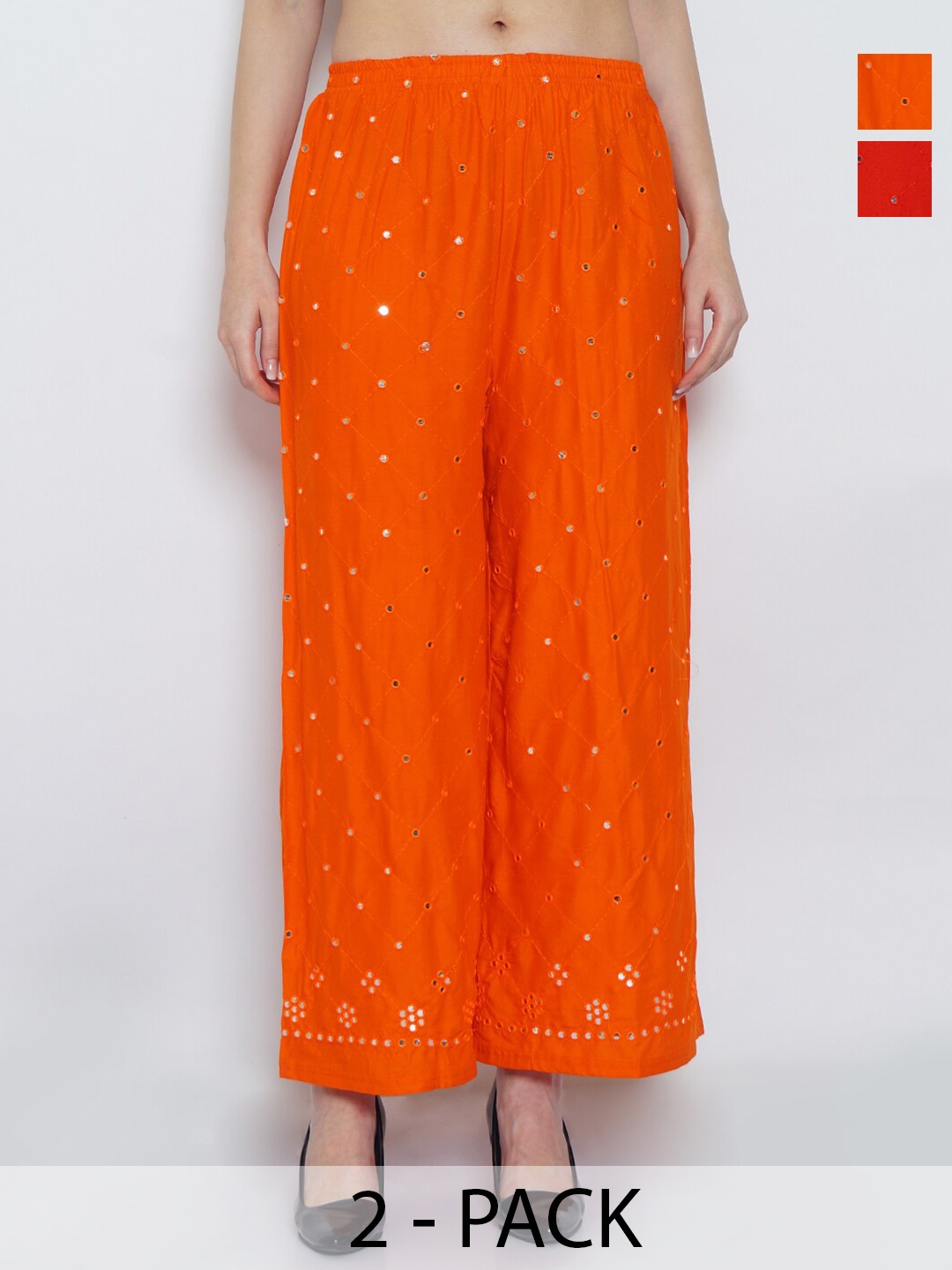 

Jinfo Pack Of 2 Embroidered Flared Knitted Palazzos, Red