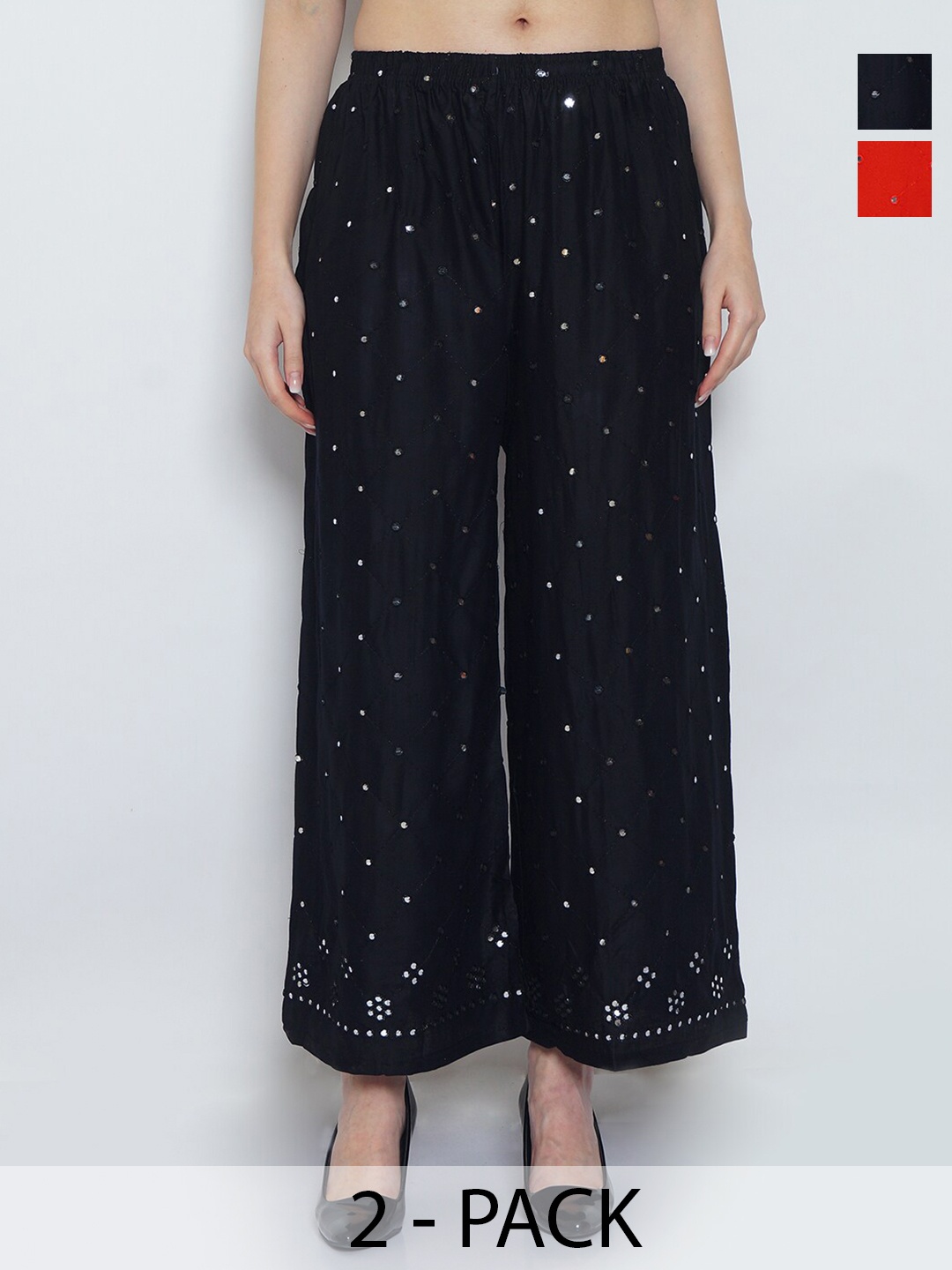 

Jinfo Pack Of 2 Embroidered Flared Knitted Palazzos, Black