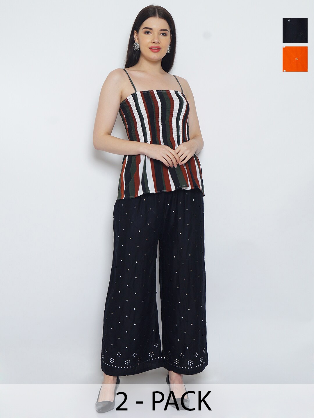 

Jinfo Pack Of 2 Embroidered Flared Knitted Palazzos, Black