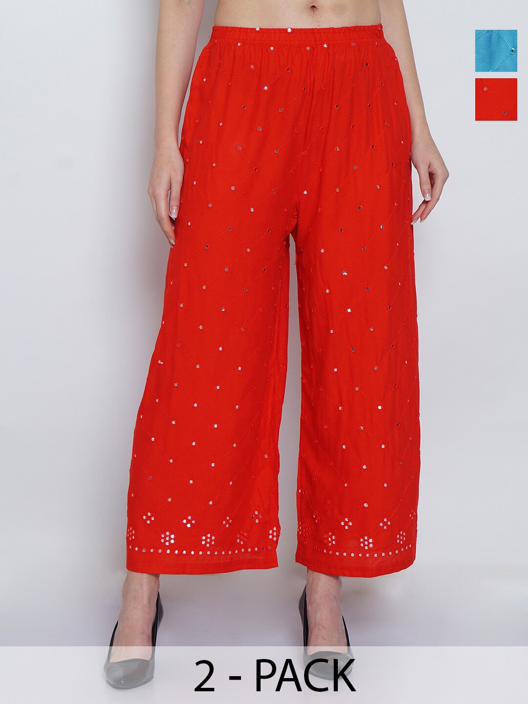 

Jinfo Pack Of 2 Embroidered Flared Knitted Palazzos, Red