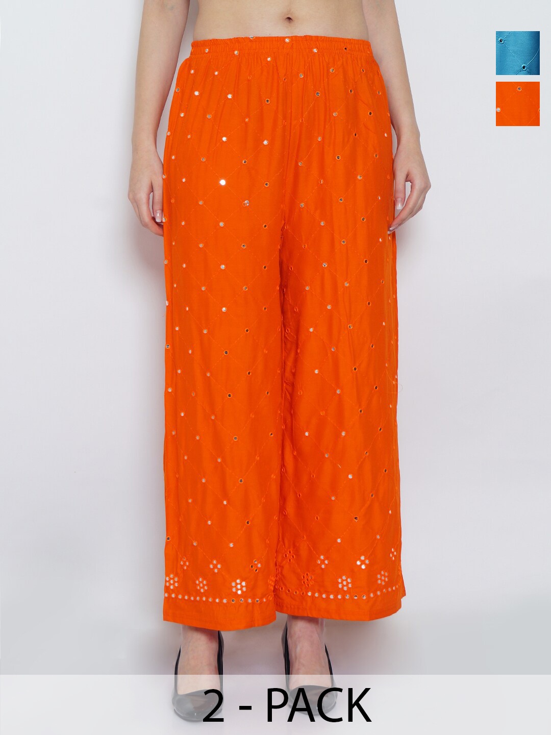 

Jinfo Pack Of 2 Embroidered Flared Knitted Palazzos, Orange
