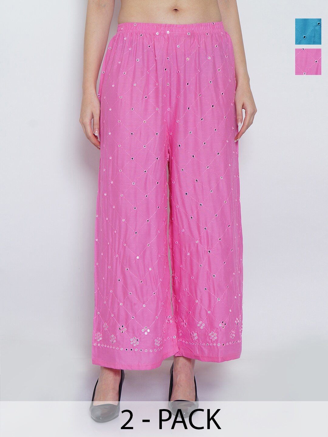 

Jinfo Pack Of 2 Embroidered Flared Knitted Palazzos, Pink