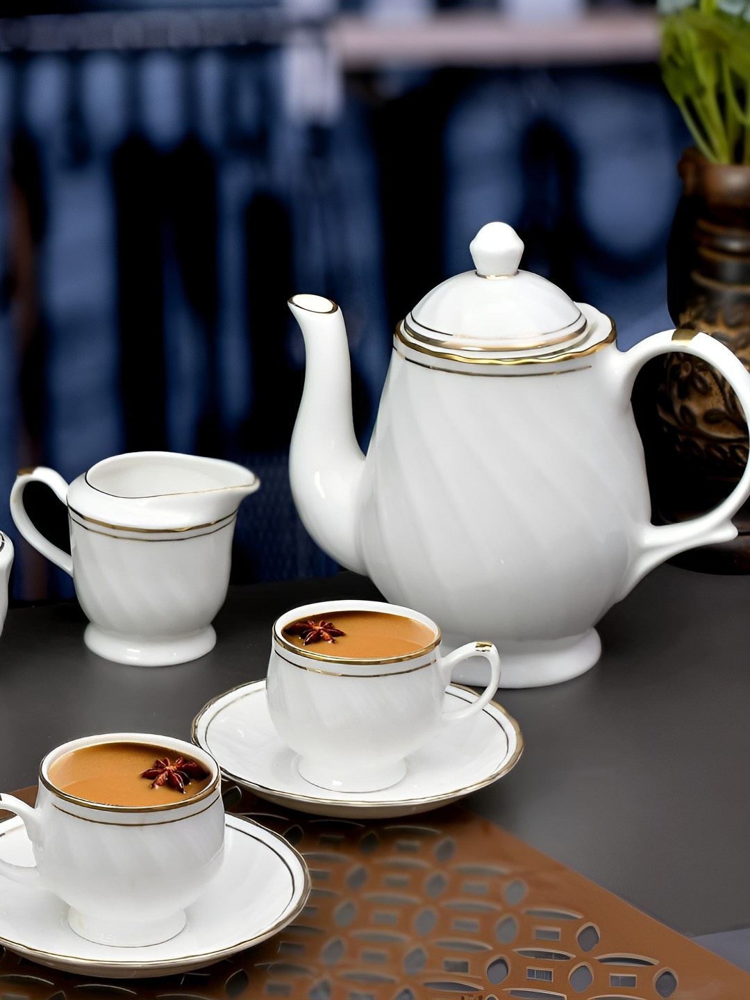 

E-Ezra White 14 Pieces Textured Bone China Glossy Cups Set 160 ml