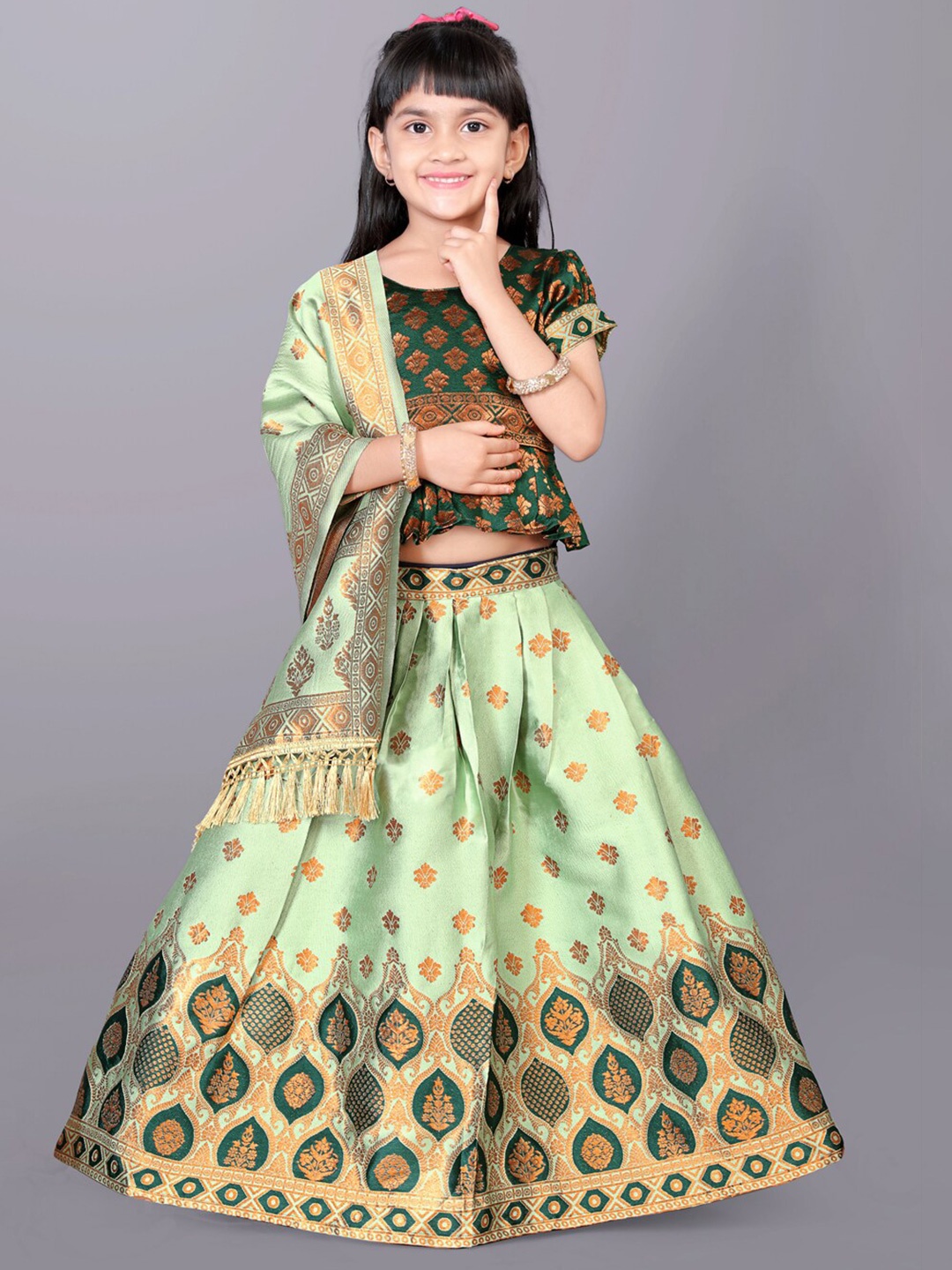 

BAESD Girls Woven Design Ready to Wear Lehenga & Blouse With Dupatta, Green