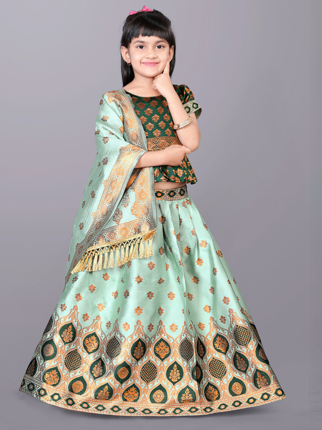 

BAESD Girls Woven Design Zari Ready to Wear Lehenga & Blouse With Dupatta, Sea green