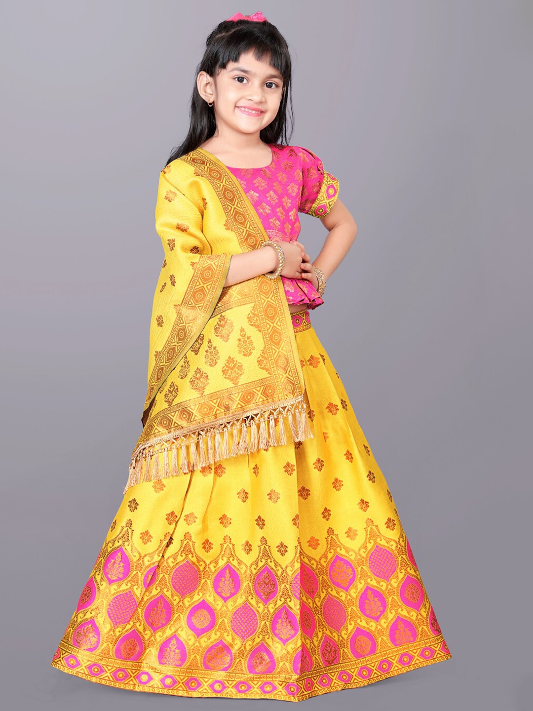 

BAESD Girls Woven Design Ready to Wear Lehenga & Blouse With Dupatta, Yellow