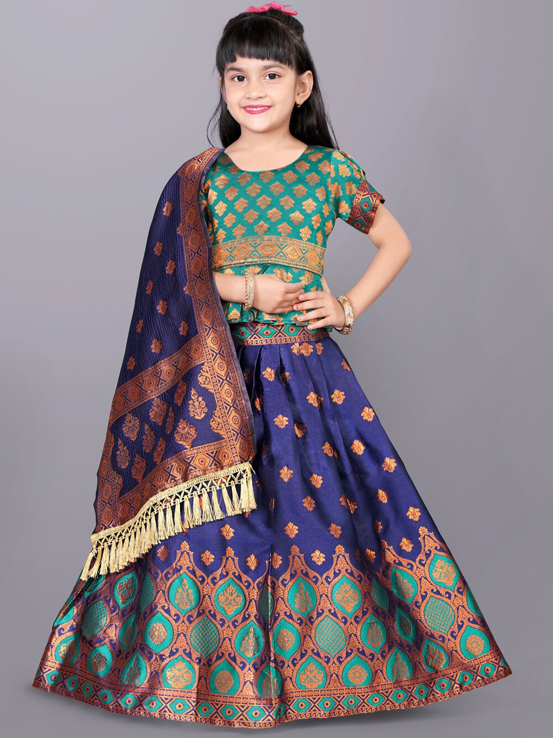 

BAESD Girls Woven Design Ready to Wear Lehenga & Blouse With Dupatta, Navy blue