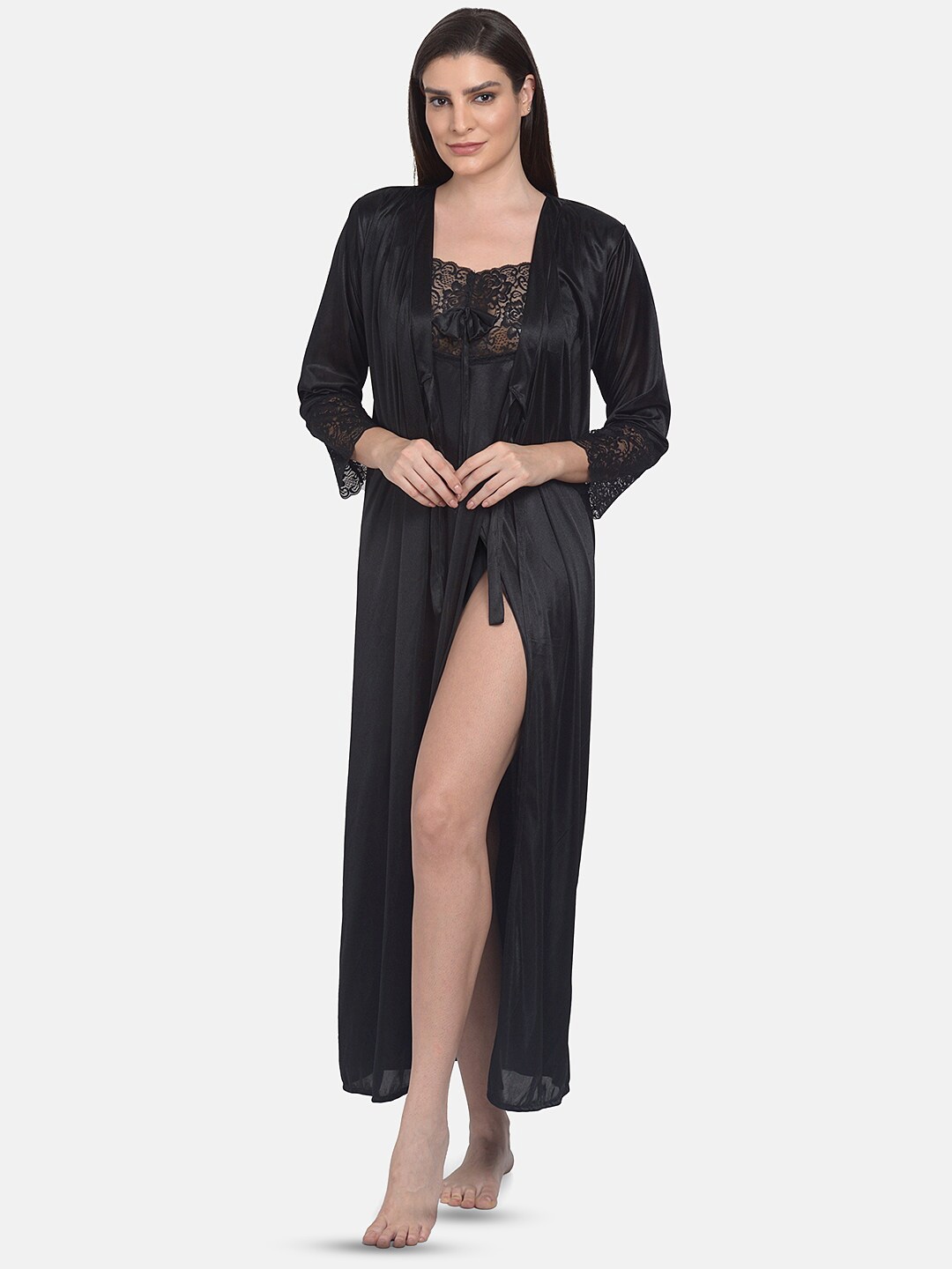 

mod & shy Self Design Satin Baby Doll & Robe, Black