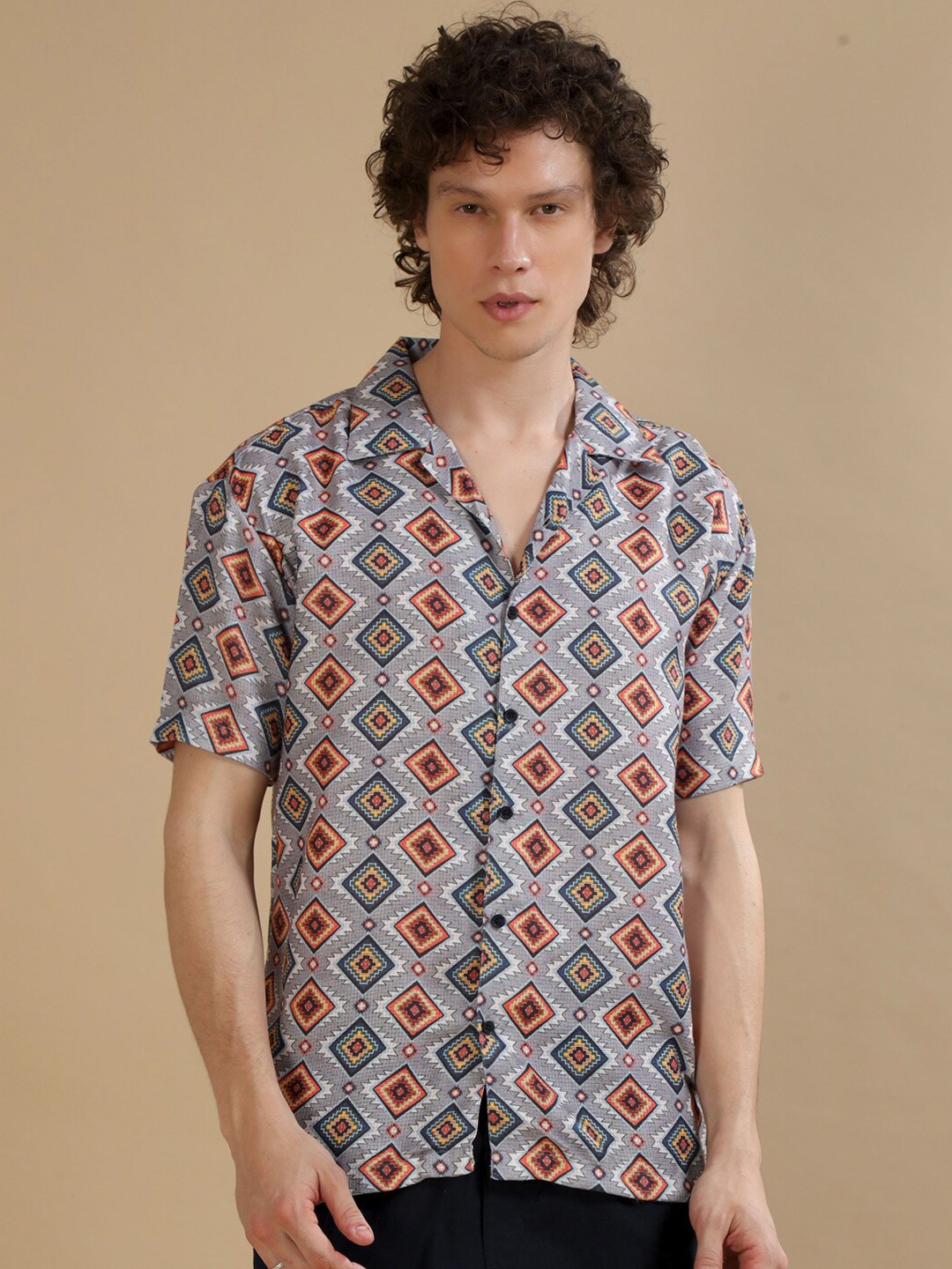 

Bushirt Relaxed Ethnic Motifs Printed Shirt, Grey