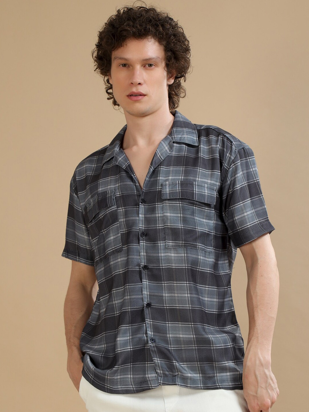 

Bushirt Relaxed Tartan Checks Oversize Casual Shirt, Grey