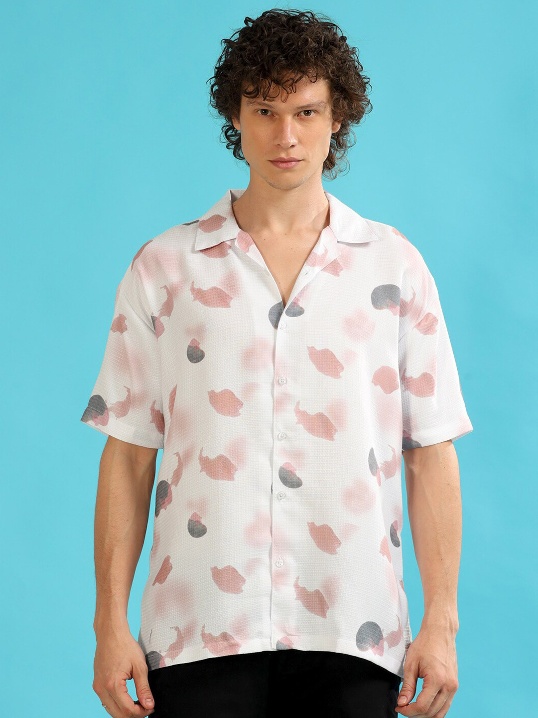 

Bushirt Relaxed Abstract Printed Spread Collar Long Sleeves Oversize Casual Shirt, White