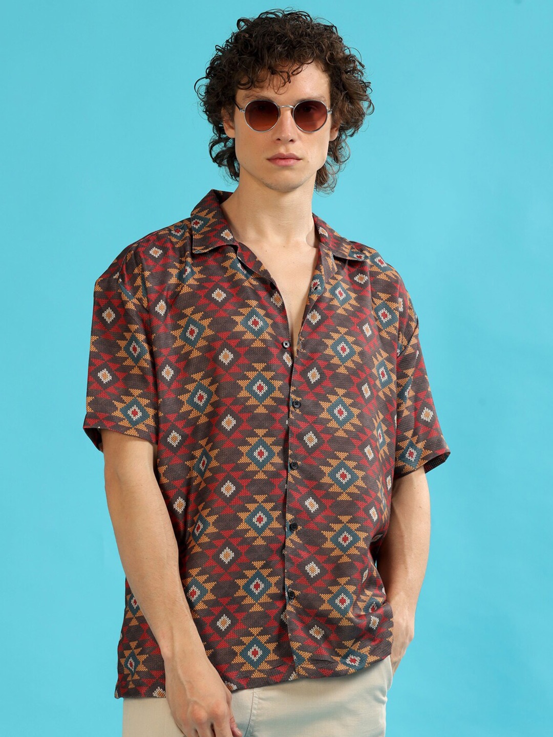 

Bushirt Relaxed Floral Printed Spread Collar Short Sleeves Oversize Party Shirt, Brown