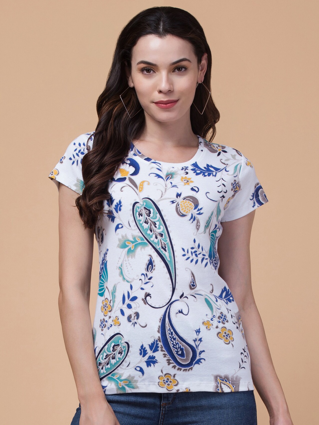

BAESD Floral Printed Round Neck Short Sleeves Cotton T-shirt, White