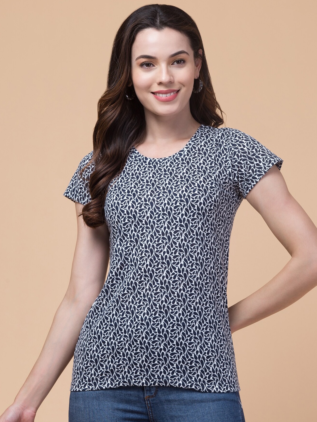 

BAESD Round Neck Relaxed Fit Floral Printed Cotton T-shirt, Black