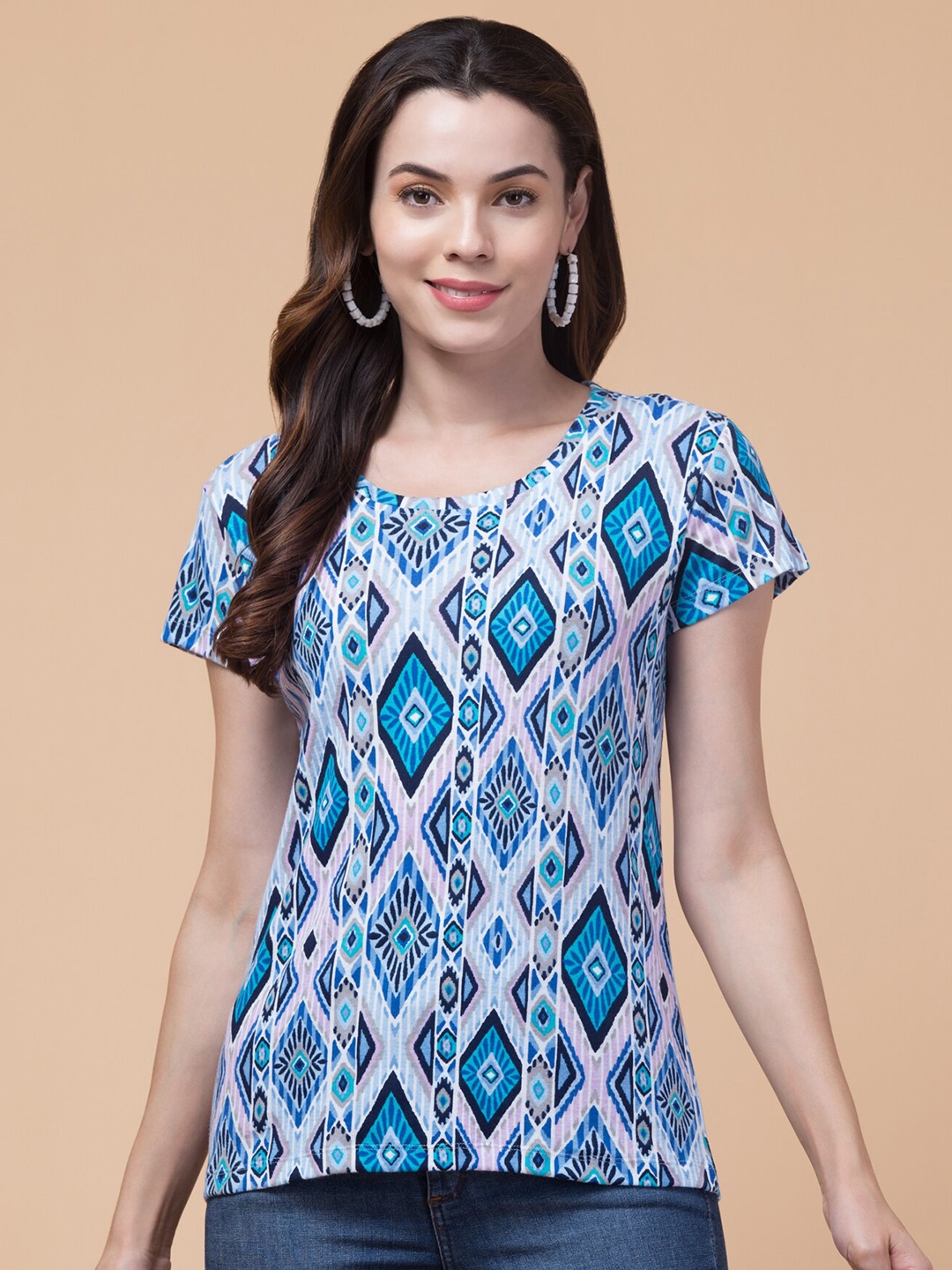 

BAESD Round Neck Relaxed Fit Ethnic Motifs Printed Cotton T-shirt, Blue