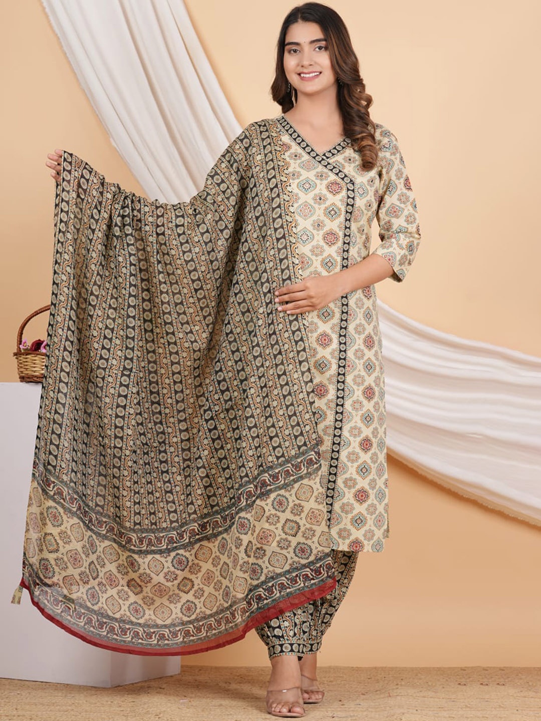 

KALINI Ethnic Motifs Printed Angrakha Pure Cotton Kurta with Salwar & Dupatta, Cream