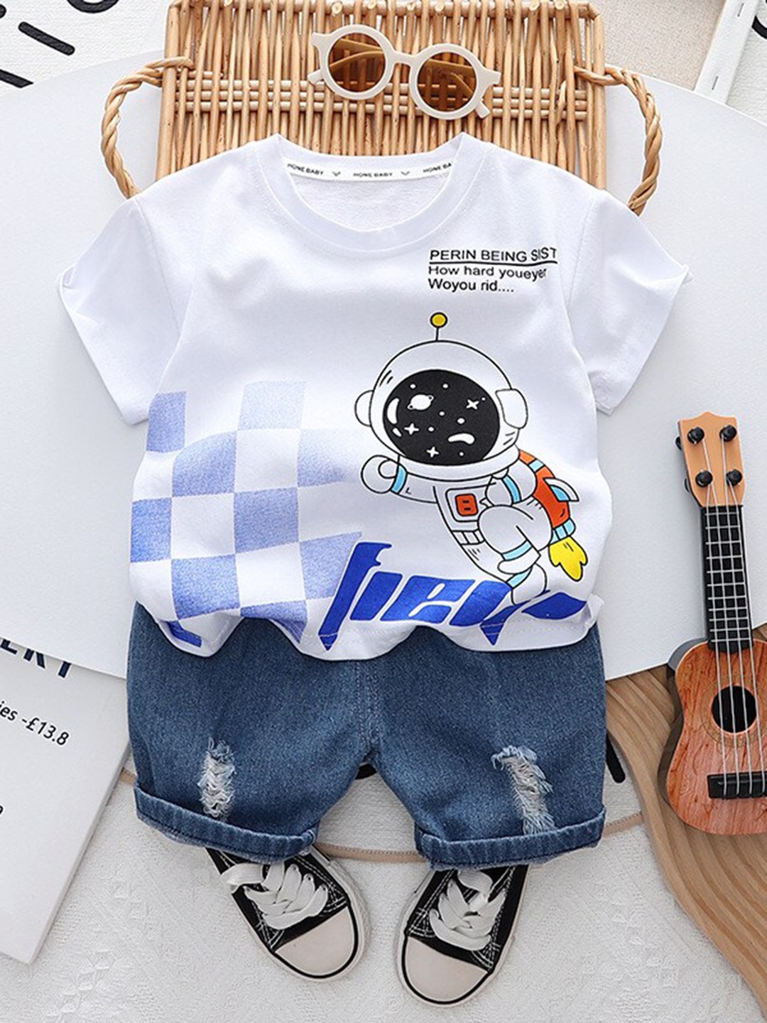 

Googo Gaaga Boys Printed Round Neck Pure Cotton T-shirt With Short, White