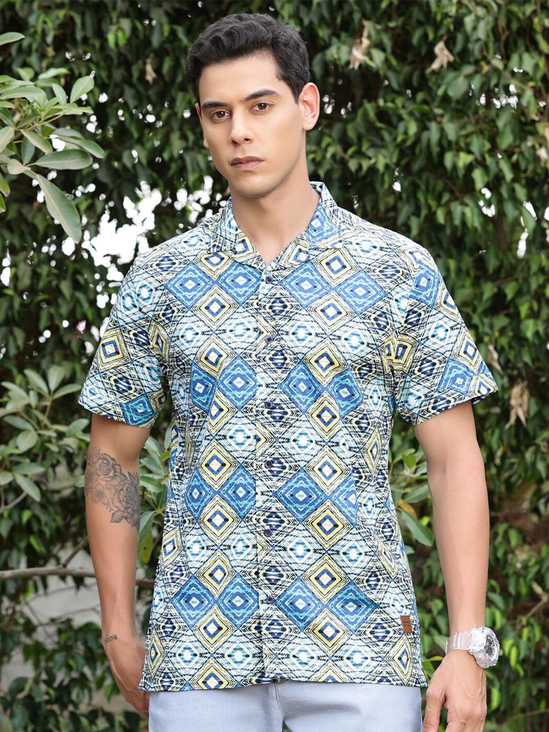 

Provogue Slim Fit Cuban Collar Printed Cotton Casual Shirt, Blue