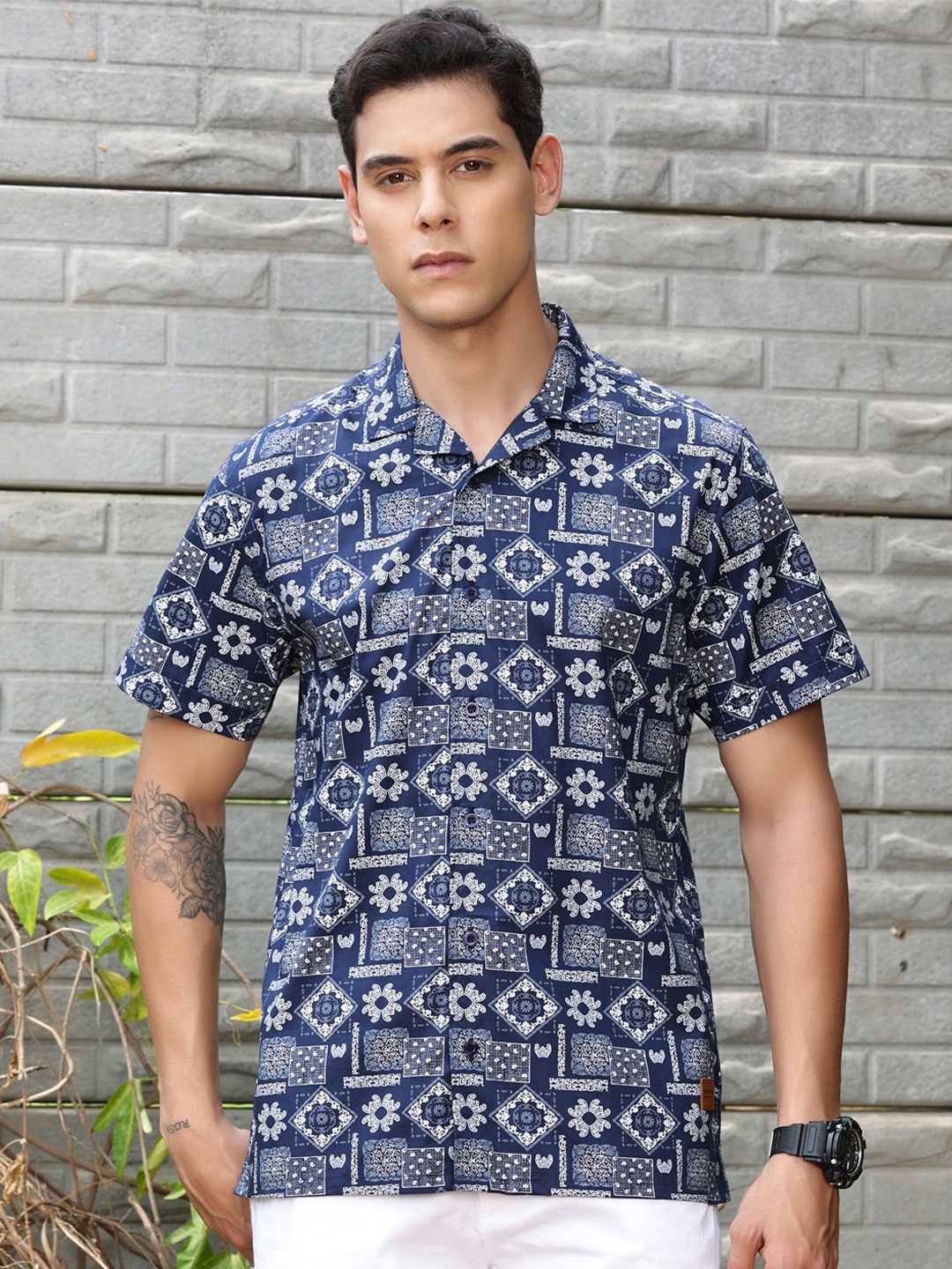 

Provogue Slim Fit Cuban Collar Printed Cotton Casual Shirt, Navy blue