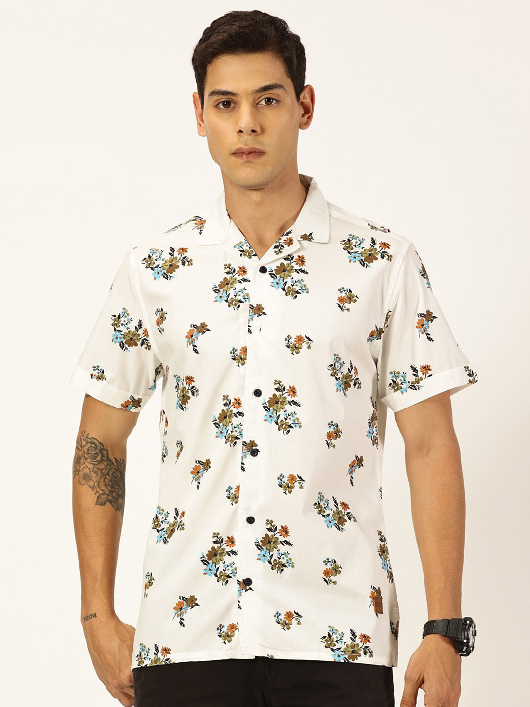 

Provogue Slim Fit Cuban Collar Printed Cotton Casual Shirt, White
