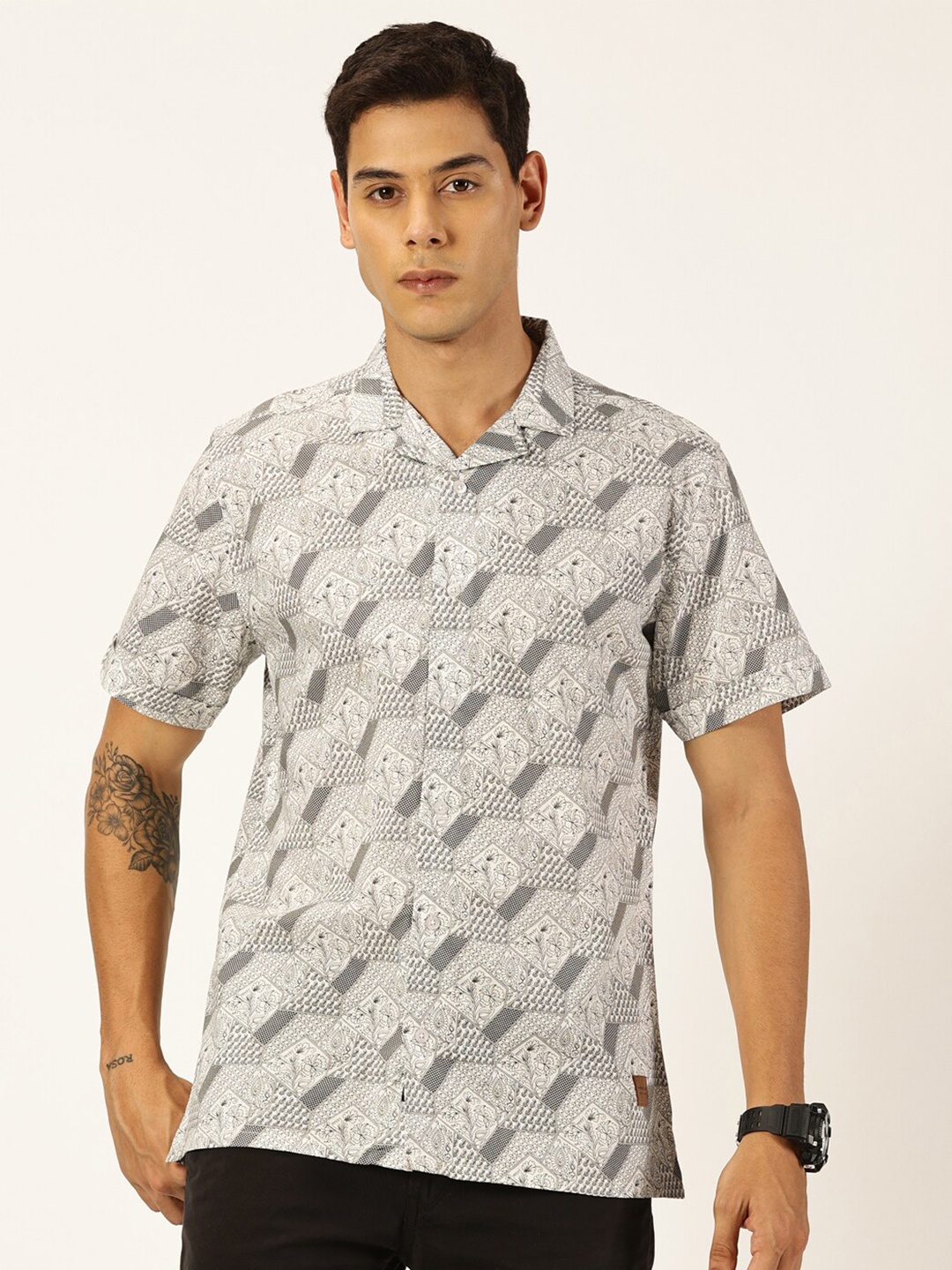 

Provogue Slim Fit Cuban Collar Printed Cotton Casual Shirt, White