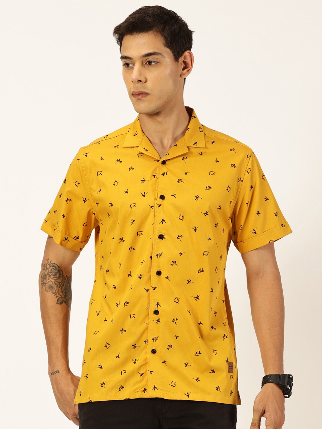 

Provogue Slim Fit Cuban Collar Printed Cotton Casual Shirt, Mustard