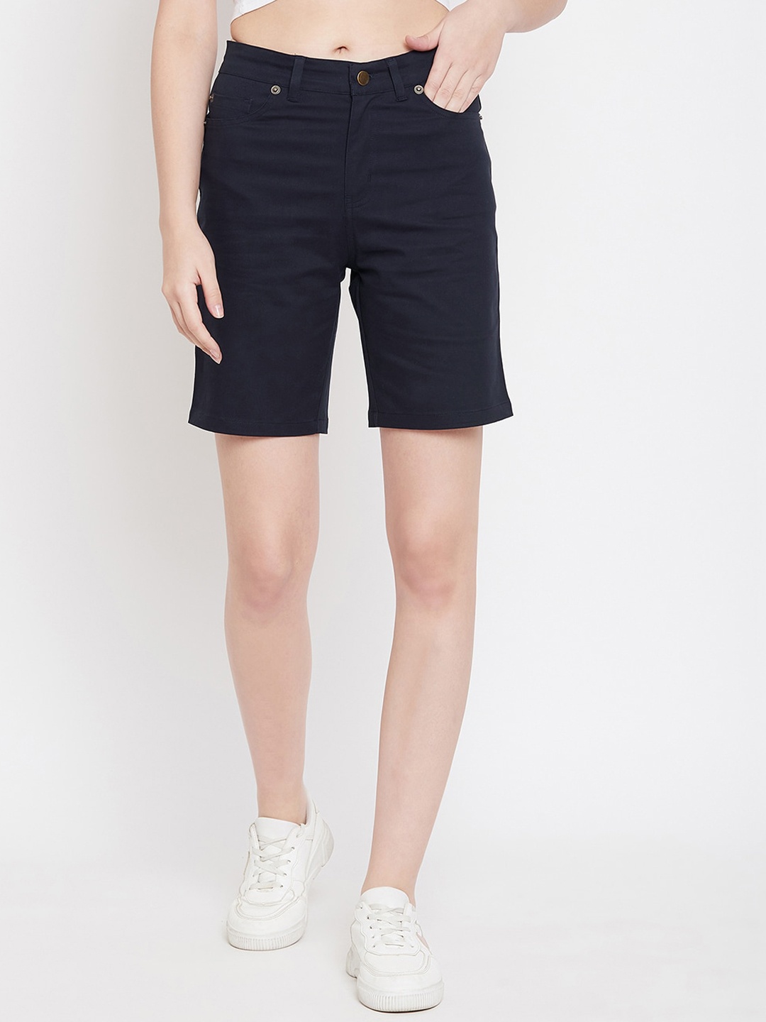 

Hypernation Women Mid-Rise Slim Fit Pure Cotton Shorts, Navy blue